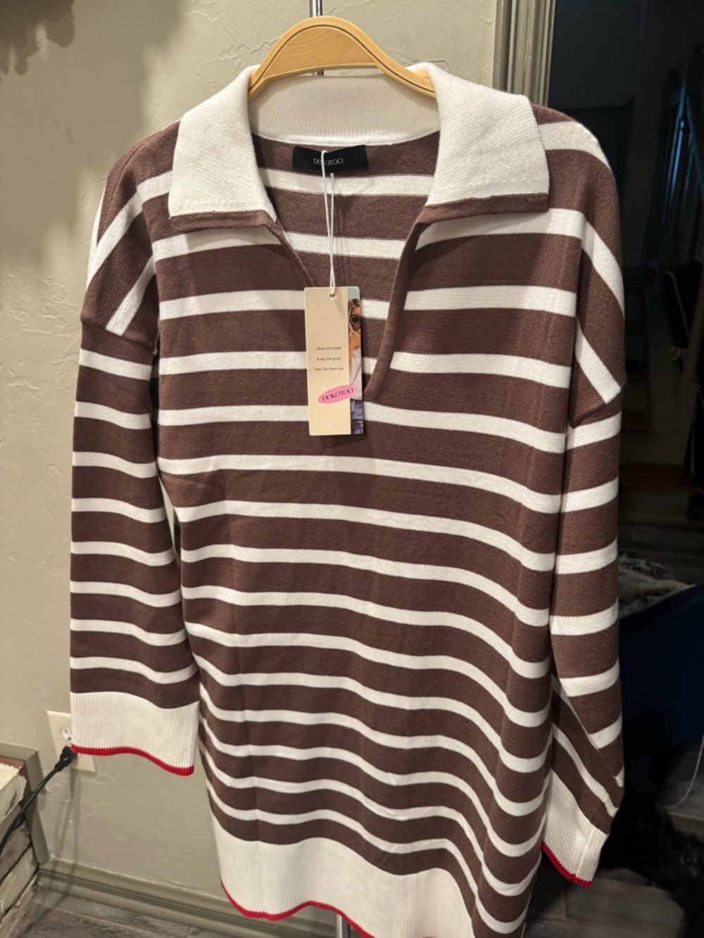Striped Brown & White Collared Sweater - Women